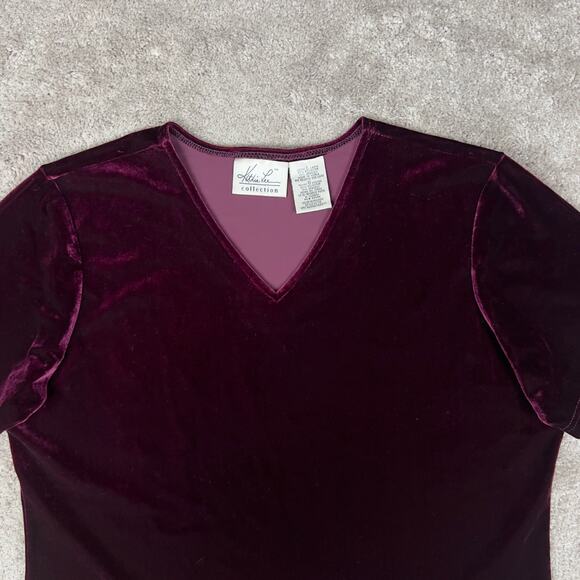 Vintage Velvet Burgundy Blouse Kathie Lee Short Sleeve Shirt Size L - Picture 2 of 4